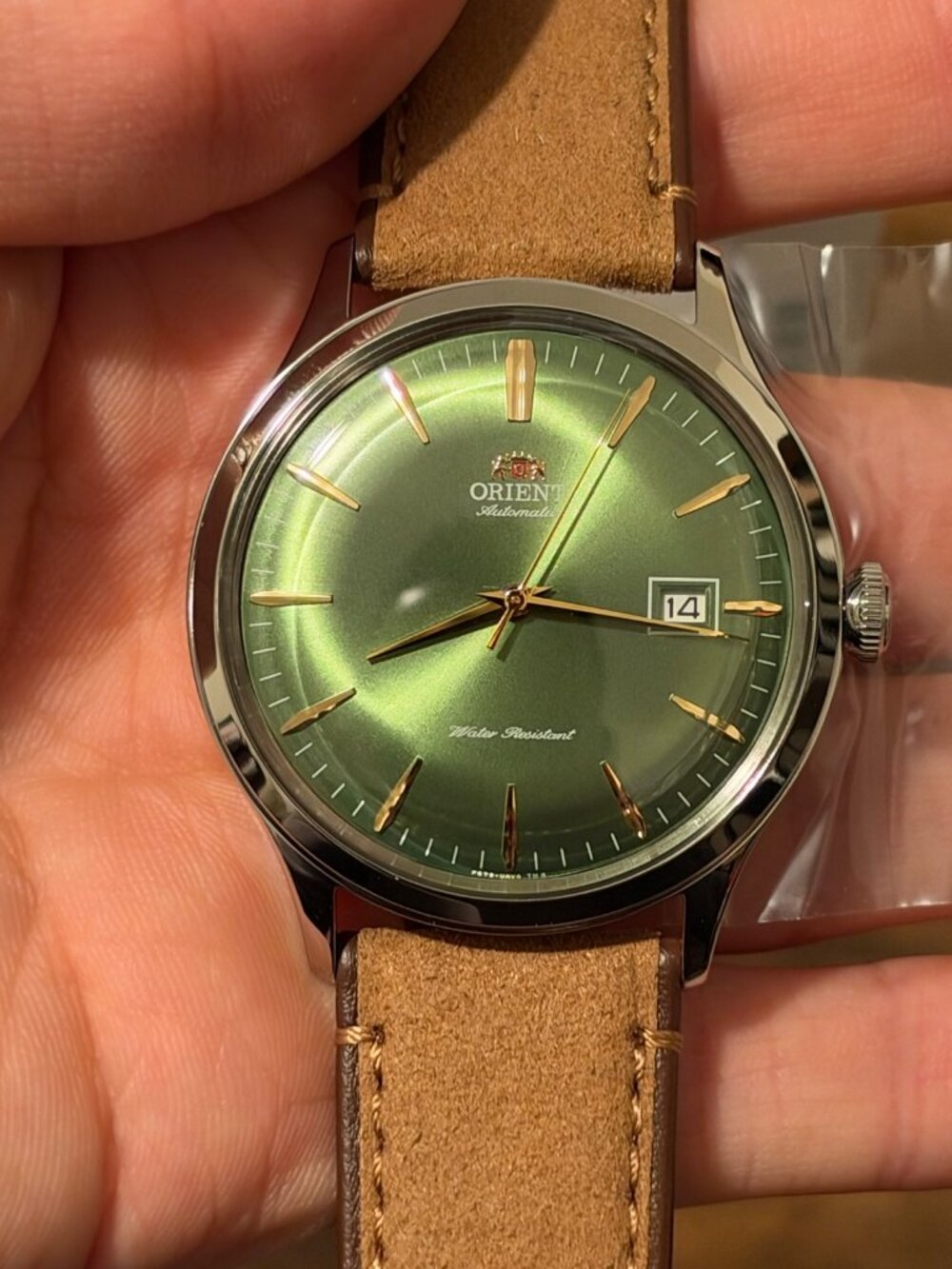 Orient Automatic RA-AC0P01E Green Dial 41.9mm Tan Strap - New in Box